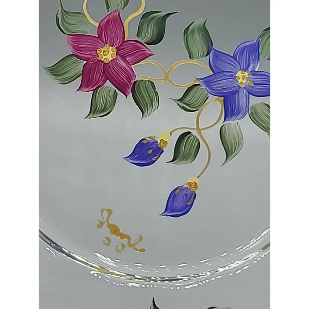 Art Glass Serving Dish Plate Signed Reverse Hand Painted Flowers Floral 9" - Picture 6 of 11